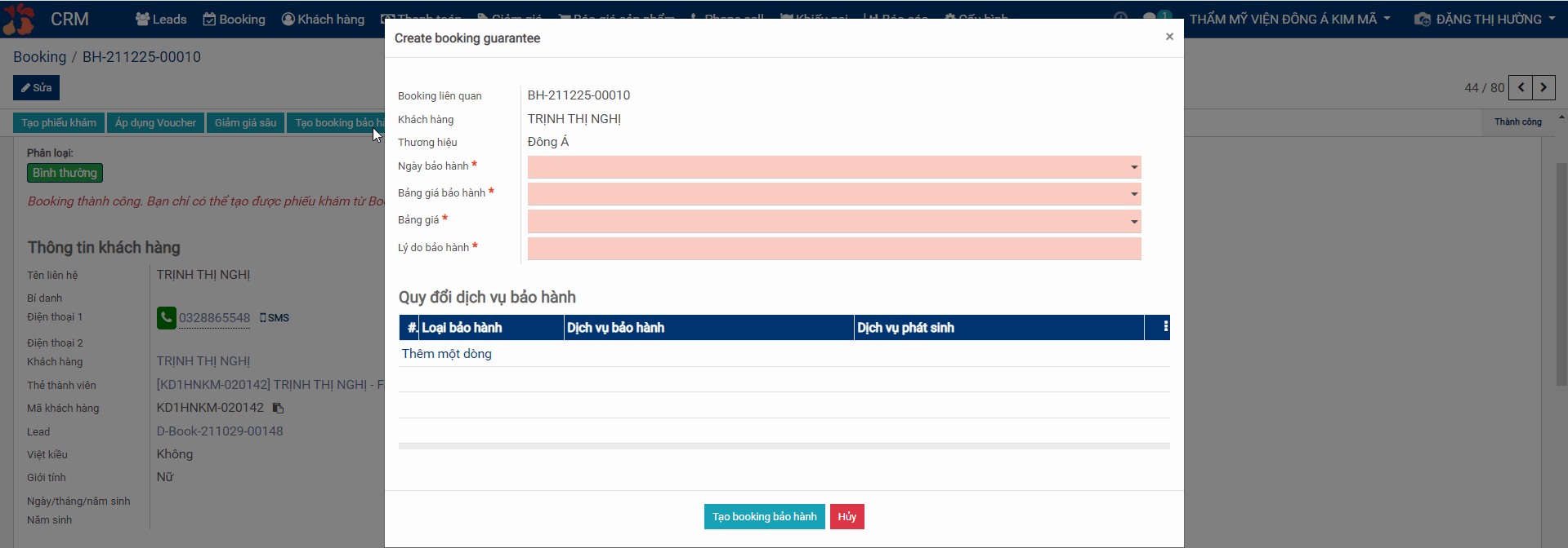 Hướng dẫn tạo bảo hành cho booking